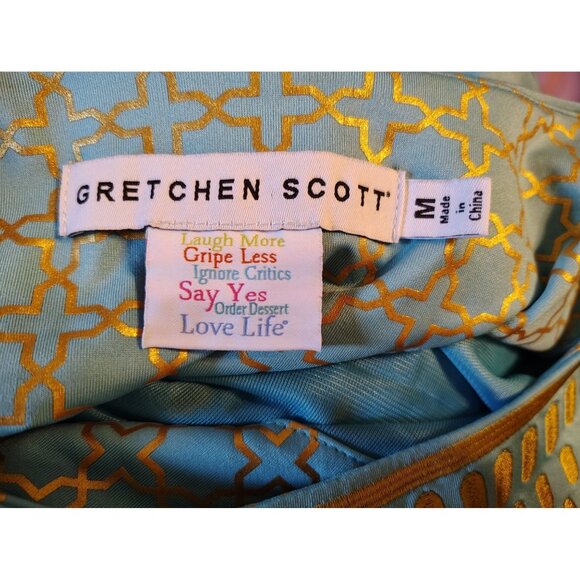 Gretchen Scott Medium Dress, Teal Blue, Gold, Embroidered Neckline, 3/4 Sleeve - Picture 4 of 5